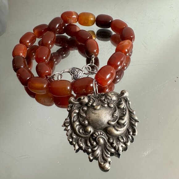 Genuine Carnelian Victorian Silver Pendant Gemstone Choker Goth Necklace Gift - Picture 7 of 7